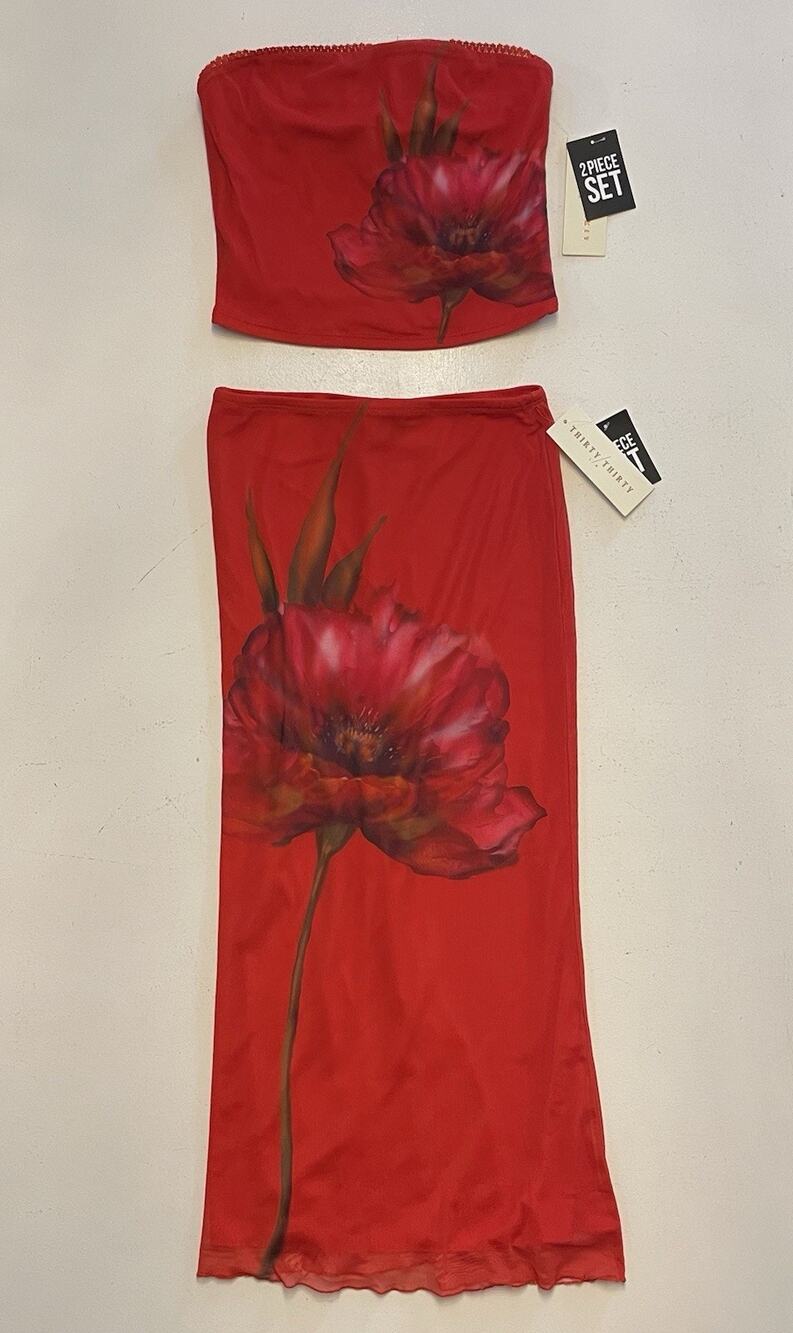 THIRTY THIRTY Women's 2-Piece Strapless Top & Long Skirt Floral Mesh XS Red
